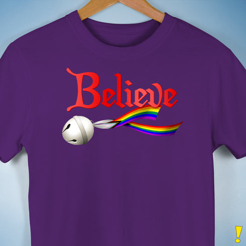 Believe Progress Pride LGBTQ Jingle Bell Premium Unisex T-Shirt - Purple